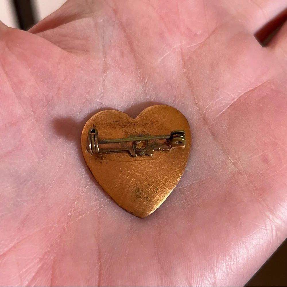 Vintage 1960 70 MCM modernist  Red Enamel Broken Heart copper Goth Brooch Pin